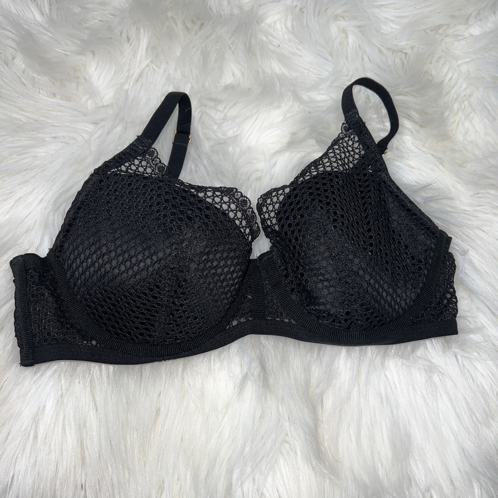 Victorias Secret Black Mesh Plunge Bra 36C Underwired 245467